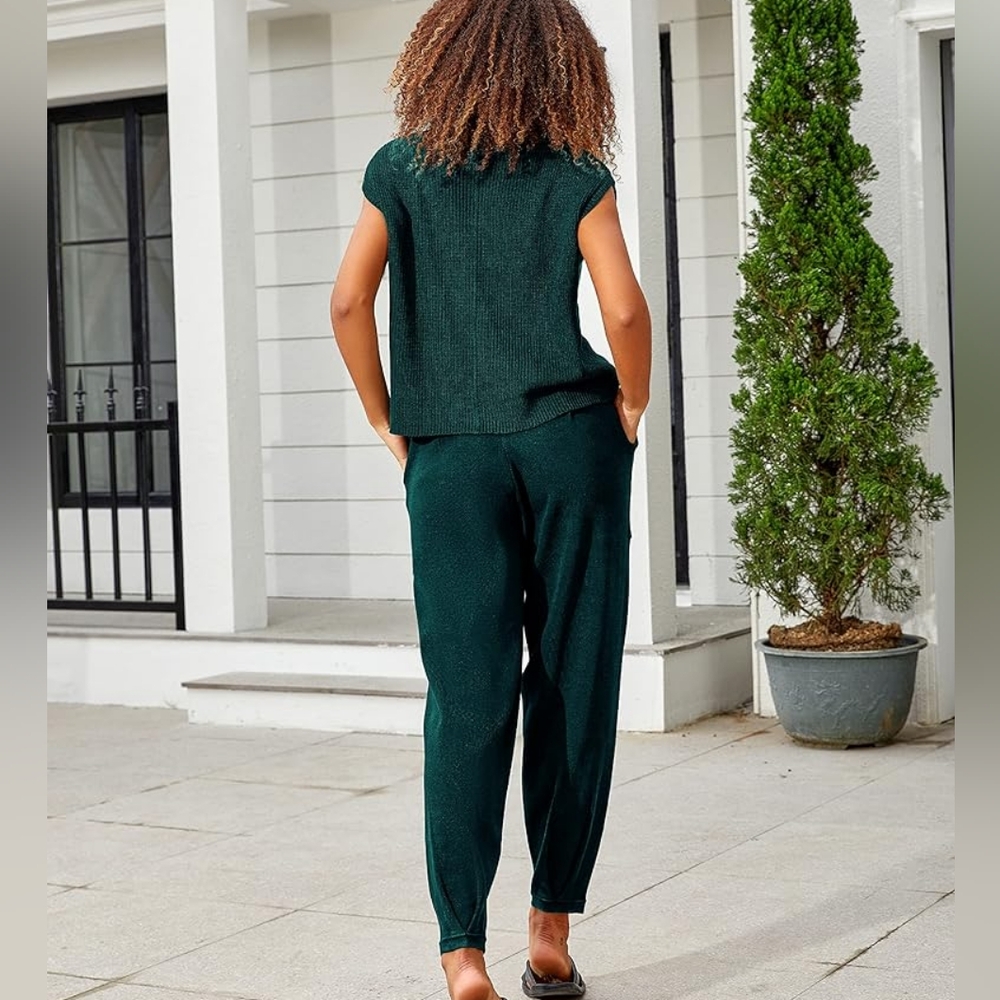 Women's Two-Piece Sweater Set - Knit Pullover Top High-Waist Pants - Green - S - Picture 4 of 12